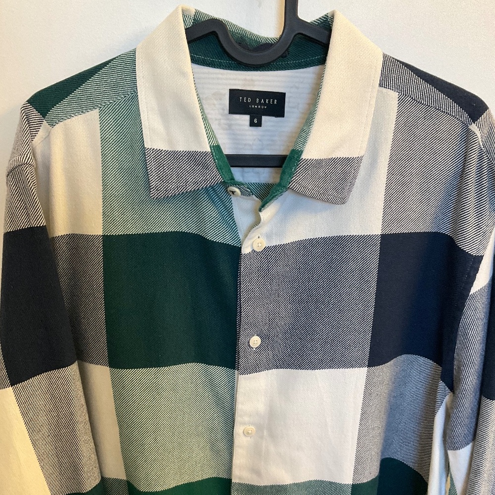 Ted Baker color-blocked check button-up long sleeve shirt, size 6